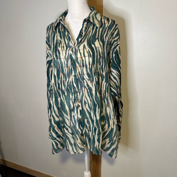Pilcro Anthropologie cream & teal striped button down long sleeve shirt size XS - Picture 4 of 13